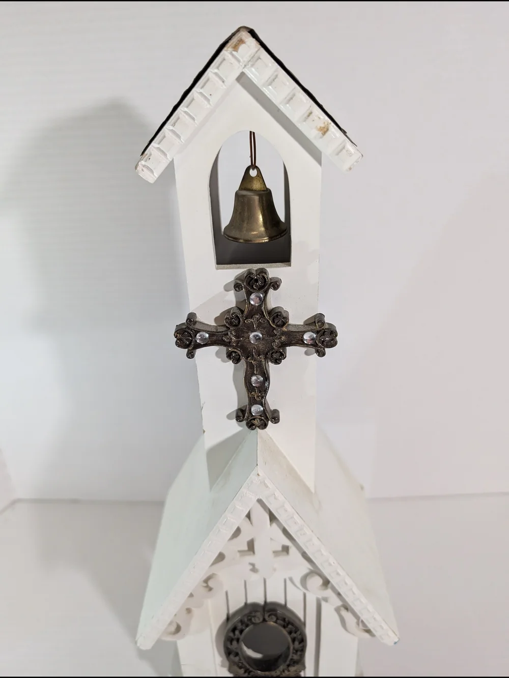 White Decorative Church Wall Accent with Bronze Cross and Bell